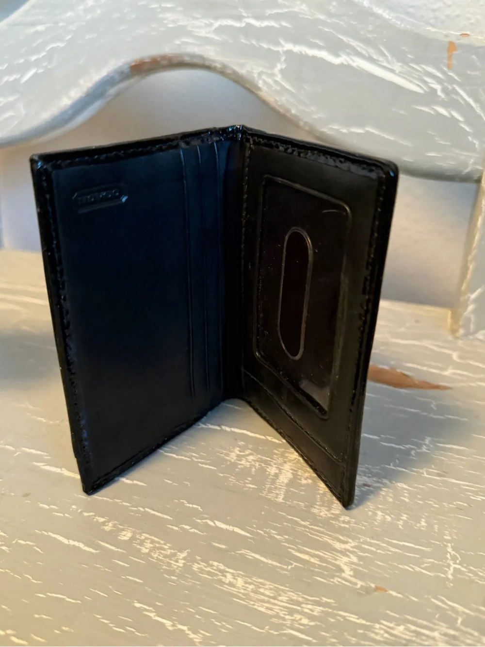 Coach Black Patent Leather ID Card Case with Monogram Side